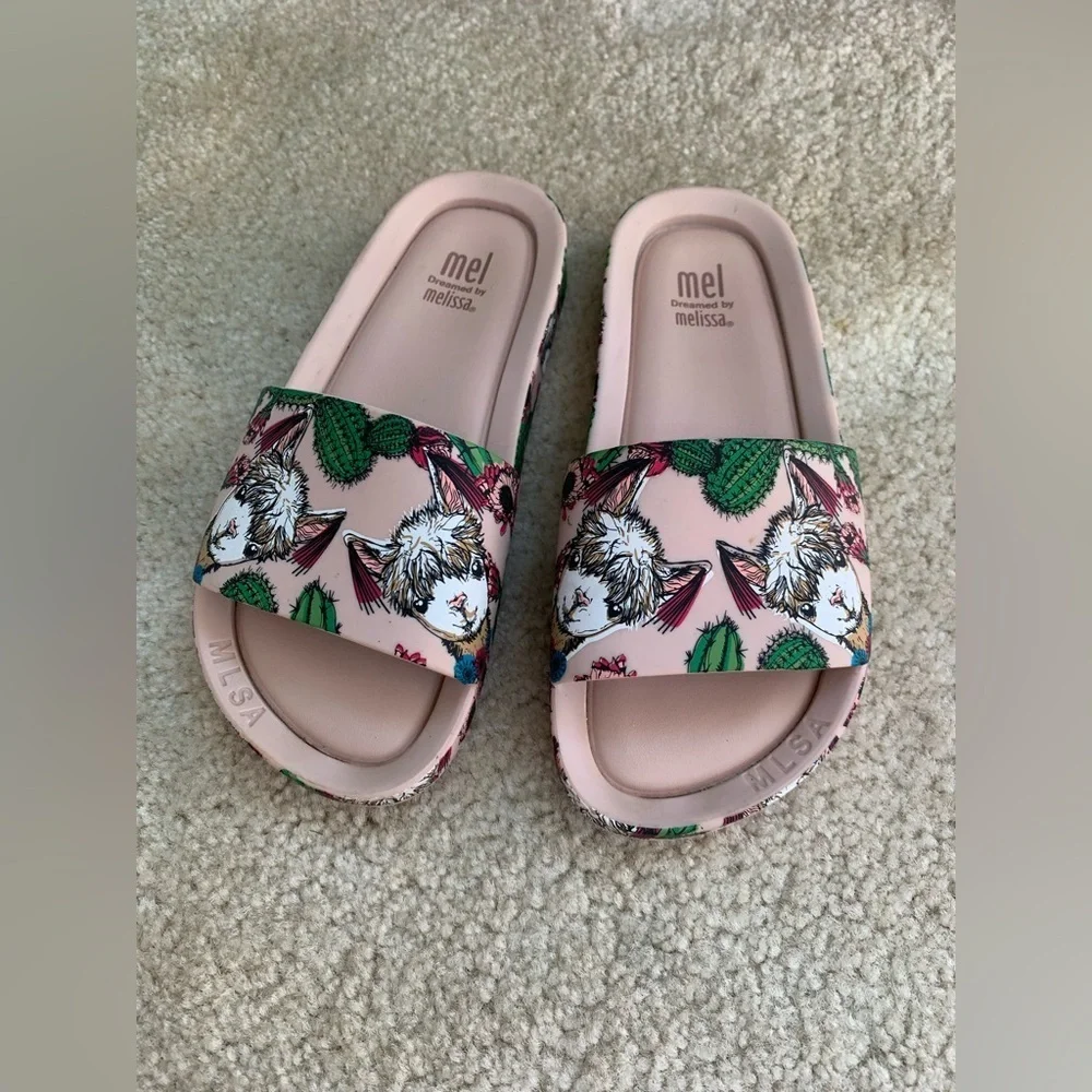 Mini Melissa Little Kid Size 12 Llama Print Slides Sandals